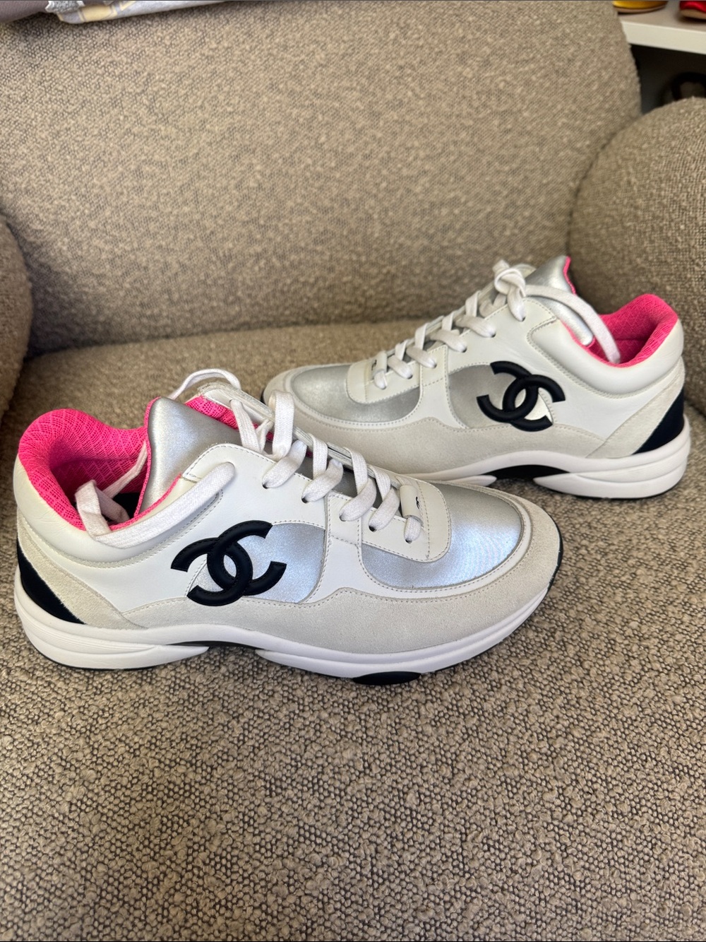 Chanel Women's White and Pink Sneakers
